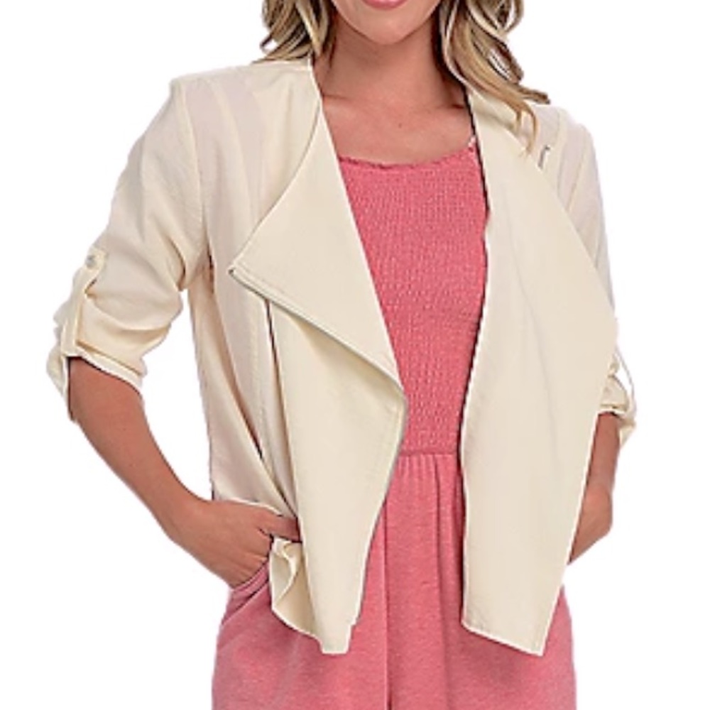 Pamela McCoy Ivory Cropped Moto Jacket Roll tab Sleeves Lightweight L or XL